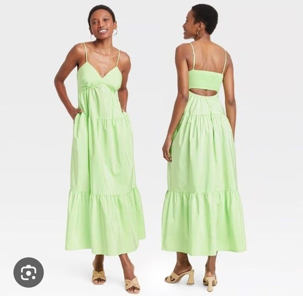 A New Day Neon Green Taffeta Tiered Maxi Dress Smocked Cutout Small Resortwear